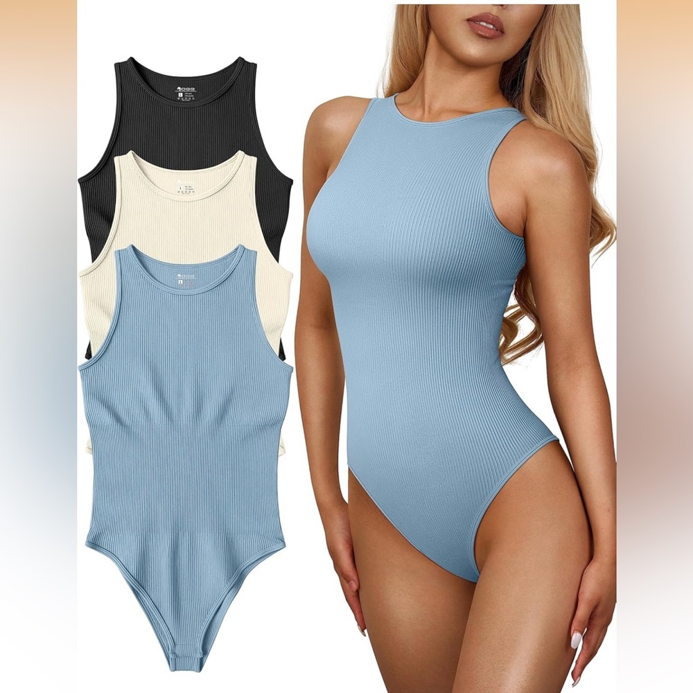 3-Pack Ribbed Bodysuits - Blue, Black, Cream